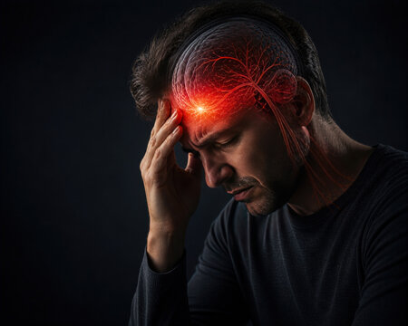 Severe Migraine Headache and Brain Pain Concept with Glowing Neurological Anatomy