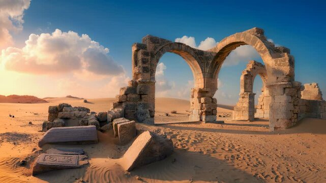 Ancient stone arches ruins in desert landscape under bright blue sky with clouds and sand dunes