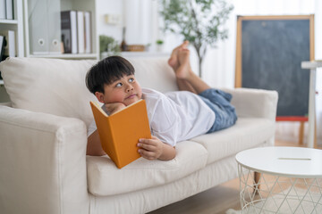 Fototapeta premium Asian boy lying on sofa reading blank book learning at home, Home education, homeschool, childhood development, self study, elementary student knowledge, smart kid, literature and academic growth