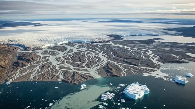 Aerial view of a massive glacier melting into a braided river delta