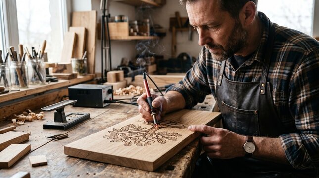 Skilled craftsman uses pyrography tool to burn intricate tree design onto wooden board in workshop