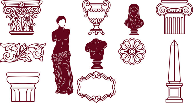 Collection of classical greek and roman architectural statues, and decorative ornaments in a dark maroon line style on white