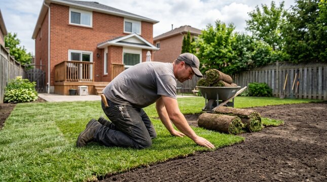 Gardener laying sod rolls on prepared soil in backyard for new lawn installation