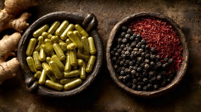 Green herbal supplement capsules, black peppercorns, and red saffron in rustic bowls with ginger root