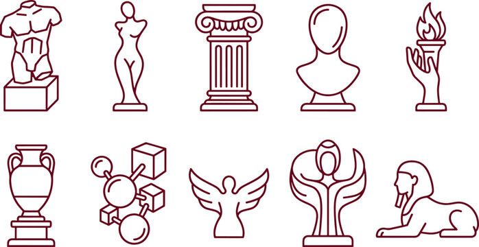 Collection of diverse featuring classical statues, columns, torches, vases, and geometric shapes in dark maroon line on white background