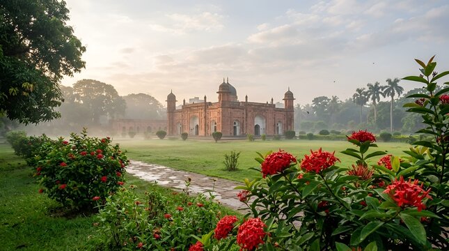 Lalbagh fort in dhaka, bangladesh, during a misty sunrise with vibrant red ixora flowers in the foreground