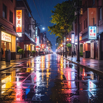 Neon Reflections on Wet Asian City Street at Night