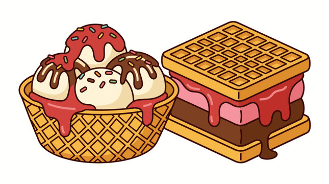 Waffle bowl sundae and ice cream sandwich, sweet frozen dessert treats, culinary junk food concept, cartoon comic graphic art , stock vector