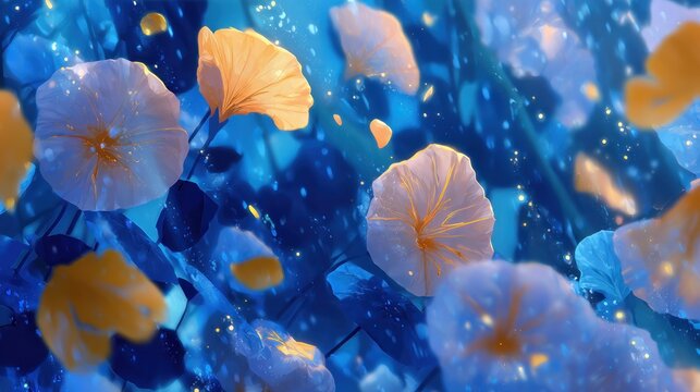 Luminous aquatic blossoms float among deep blue foliage under magical starlight