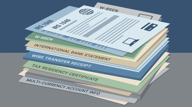 Digital Nomad Tax Forms and International Banking Documents Stack