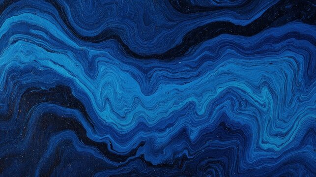Dynamic fluid textures swirl across the canvas in deep shades of indigo and cyan.