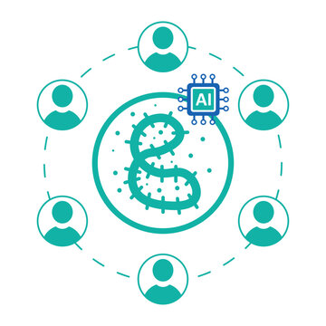 Ebola contact tracing icon. Connected profile nodes surrounding virus particle with artificial intelligence element. Disease transmission tracking concept. Healthcare monitoring technology graphic.