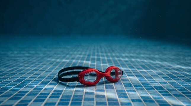 Red swimming goggles lying at the bottom of a blue tiled swimming pool underwater shot.