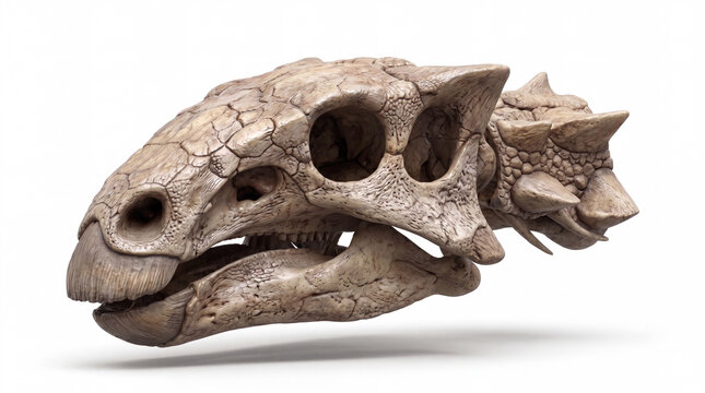 Close-up of Borealopelta markmitchelli skull showing detailed cranial anatomy, bone texture and accurate scientific paleontological reconstruction isolated on white background