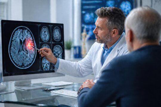 Neurologist Explaining Brain MRI Scan Showing Stroke Damage During Medical Consultation