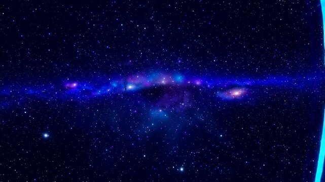 Futuristic glowing blue tunnel in outer space with stars and galaxy background for digital technology concept