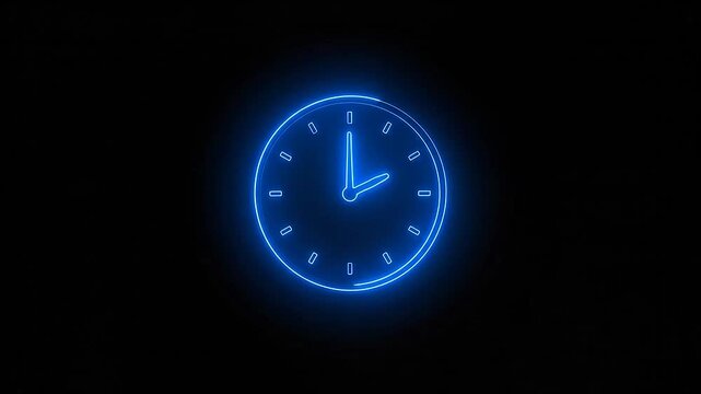 Glowing blue neon analog clock ticking on a black background