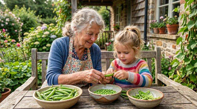 Grandmother and granddaughter shelling peas together in a sunny garden setting