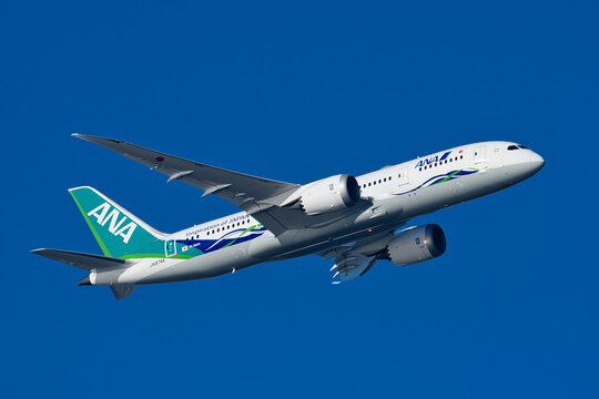 All Nippon Airways Boeing 787-8 Dreamliner (JA874A) ANA Green Jet special livery aircraft climbing after departure from Haneda Airport