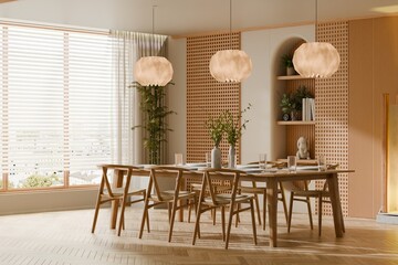 Minimalist japandi style dining room interior design with wooden table chairs and decorative pendant lights- 3D rendering © Vanitjan