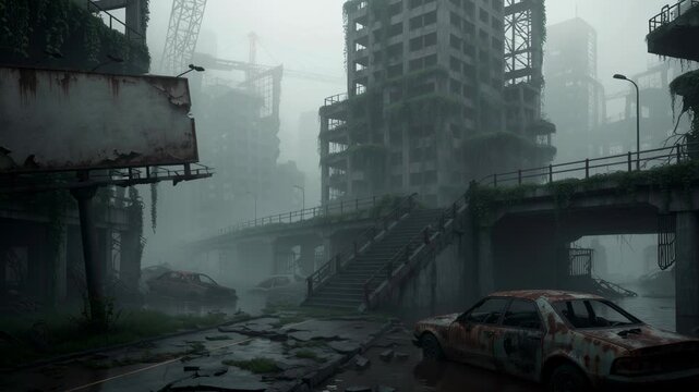 Abandoned cityscape with overgrown vegetation and rusted cars in foggy post apocalyptic urban environment