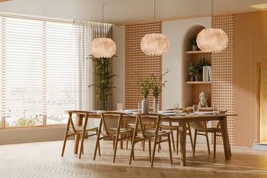 Minimalist japandi style dining room interior design with wooden table chairs and decorative pendant lights- 3D rendering