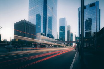 Fototapeta premium night traffic in Hong Kong city skyline urban highway with glowing lights and cars in motion