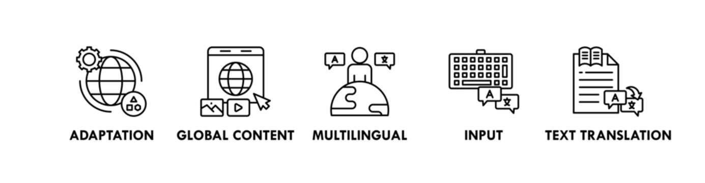 Localization banner web icon illustration concept with icon of adaptation, global content, multilingual, input, and text translation