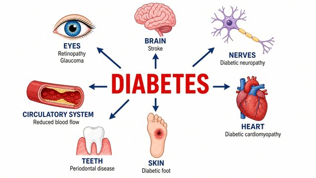Diabetes Complications Infographic Illustrating the Systemic Impact of High Blood Sugar on the Eyes Brain Heart and Other Organs