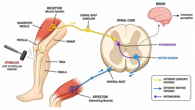 Patellar Reflex Arc Demonstrating Sensory and Motor Nerve Pathways to the Spinal Cord and Brain for Medical Education