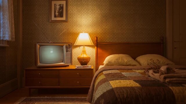 Cozy vintage bedroom with retro television wooden furniture warm lighting and quilted bedspread