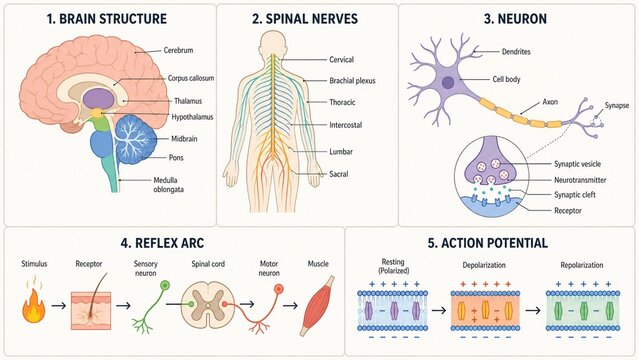 Nervous System Diagram Illustrating Brain Structure Spinal Nerves Neuron Anatomy Reflex Arc and Action Potential