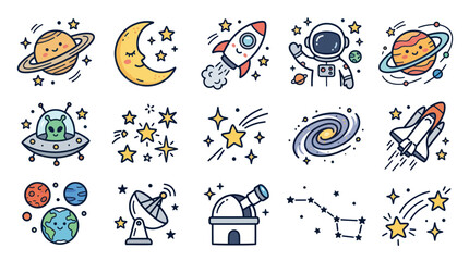 Cute Space Doodles: Astronaut, Planets, Rocket, UFO, Stars, Galaxy, Telescope © ahmad