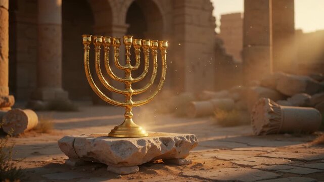 Golden menorah on ancient stone ruins with warm sunlight in historical archaeological site