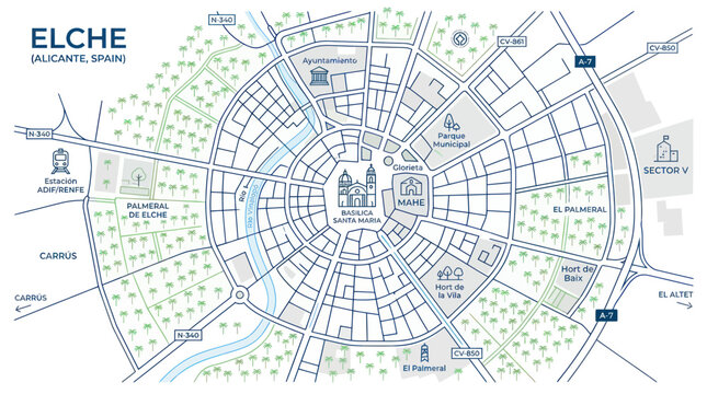 Elche Alicante Spain City Map - Circular Layout, Palm Trees, Landmarks
