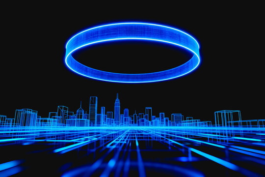 A futuristic digital wireframe city with glowing blue neon lines and a hovering circular light ring against a dark backdrop, representing urban technology.