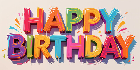 Fototapeta premium Vibrant, colorful, hand-painted style illustration for a birthday holiday on a beige background, with bold 3d-like letters and dynamic brush strokes.