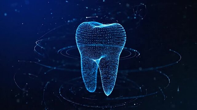 Glowing blue digital hologram of a human tooth on a dark background