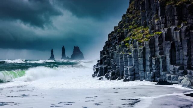 Dramatic Iceland black sand beach with basalt columns and ocean waves under moody sky