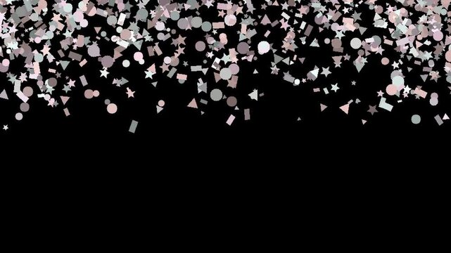 Abstract falling glitter animation features soft pastel geometric shapes like circles triangles rectangles and stars on black background.