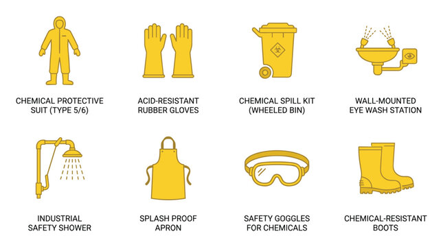 Essential chemical safety equipment, PPE, and emergency response icons.