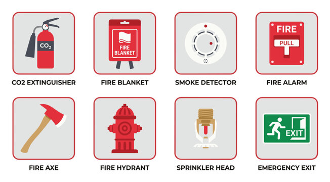 Collection of essential fire safety and emergency equipment vector icons