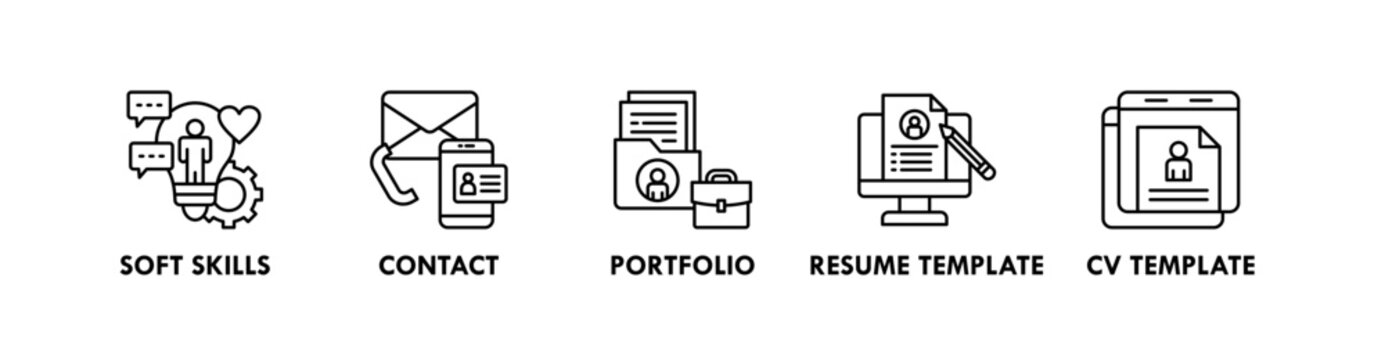 Curriculum Vitae banner web icon illustration concept with icon of soft skills, contact, portfolio, resume template, and cv template