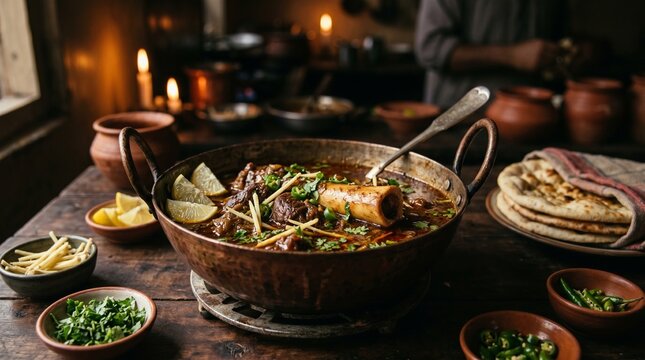 Pakistani Nihari in Copper Karahi with Bone Marrow Ginger Julienne Lemon and Fresh Coriander Dark Moody Lighting Side Angle