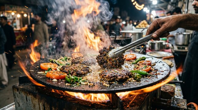 Pakistani Chapli Kebab Sizzling in Cast Iron Tawa with Tomatoes and Green Chilies Action Shot Dramatic Fire and Smoke