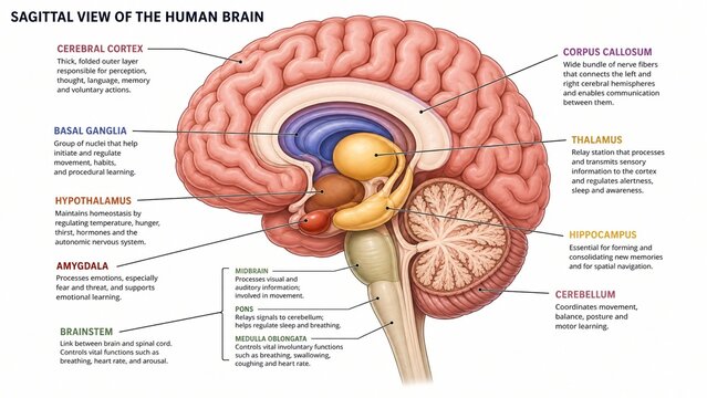 Human Brain Sagittal View Diagram with Labeled Anatomy and Functions for Education and Healthcare