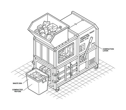 Isometric line art of an industrial waste compactor machine processing refuse