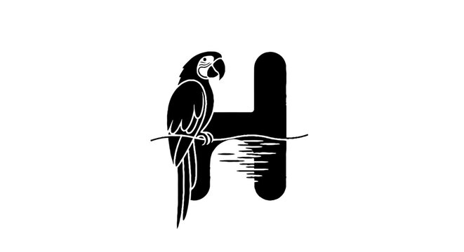 Colorful parrot perched on a minimalist letter H design.