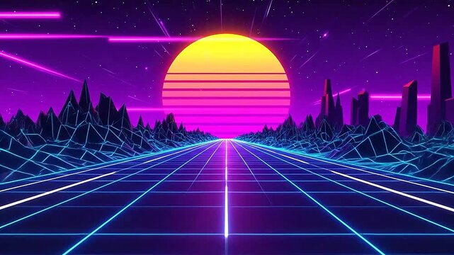 Retro futuristic grid road leading towards a glowing neon sunset