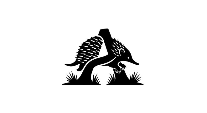 Black and white illustration of echidna and bird.